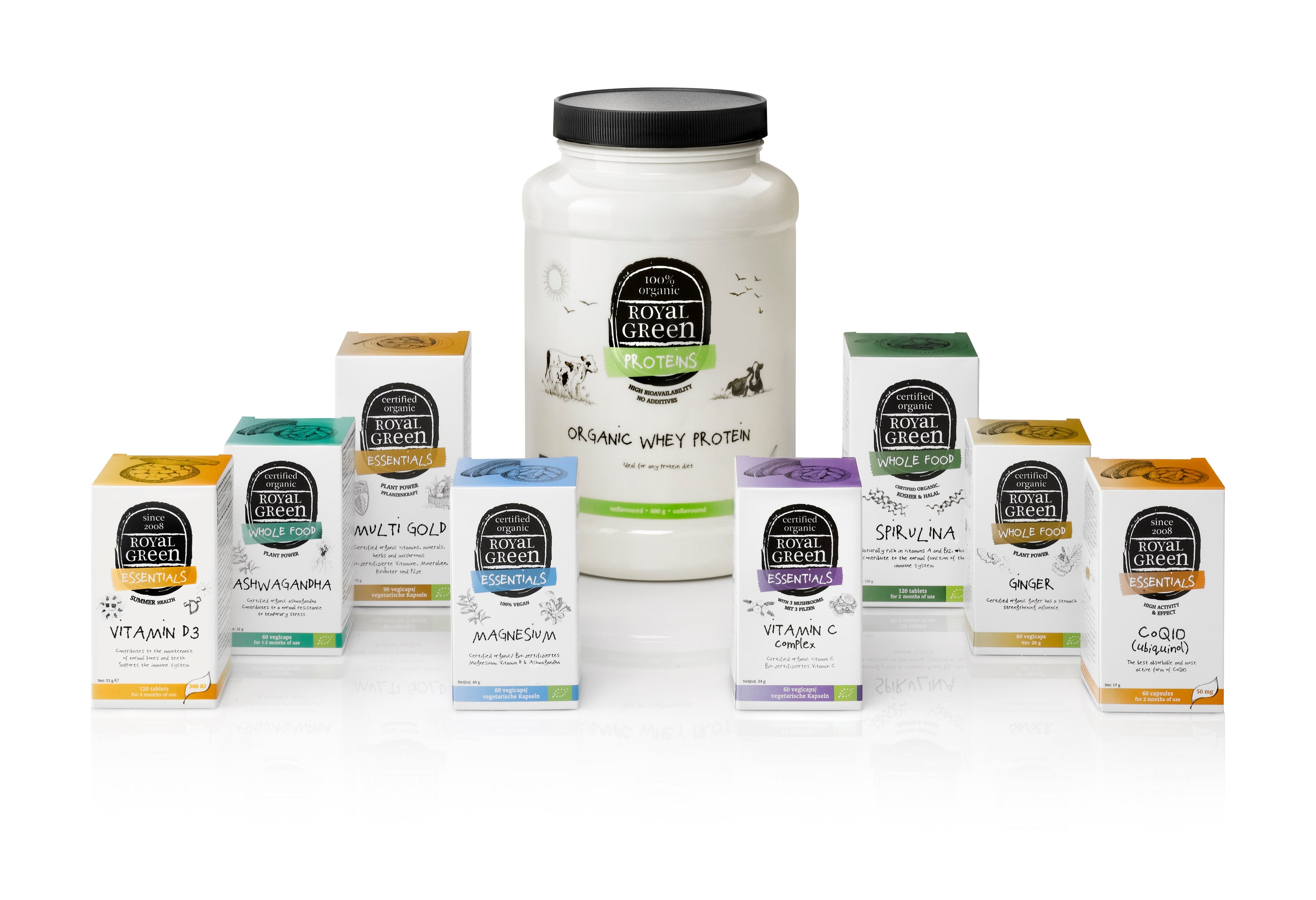 Naturalne suplementy diety Royal Green: kompleks magnezu, kompleks witaminy C, Multi antystres, Spirulina, Ashwagandha, Witamina D3, ekologiczne proteiny, koenzym Q10