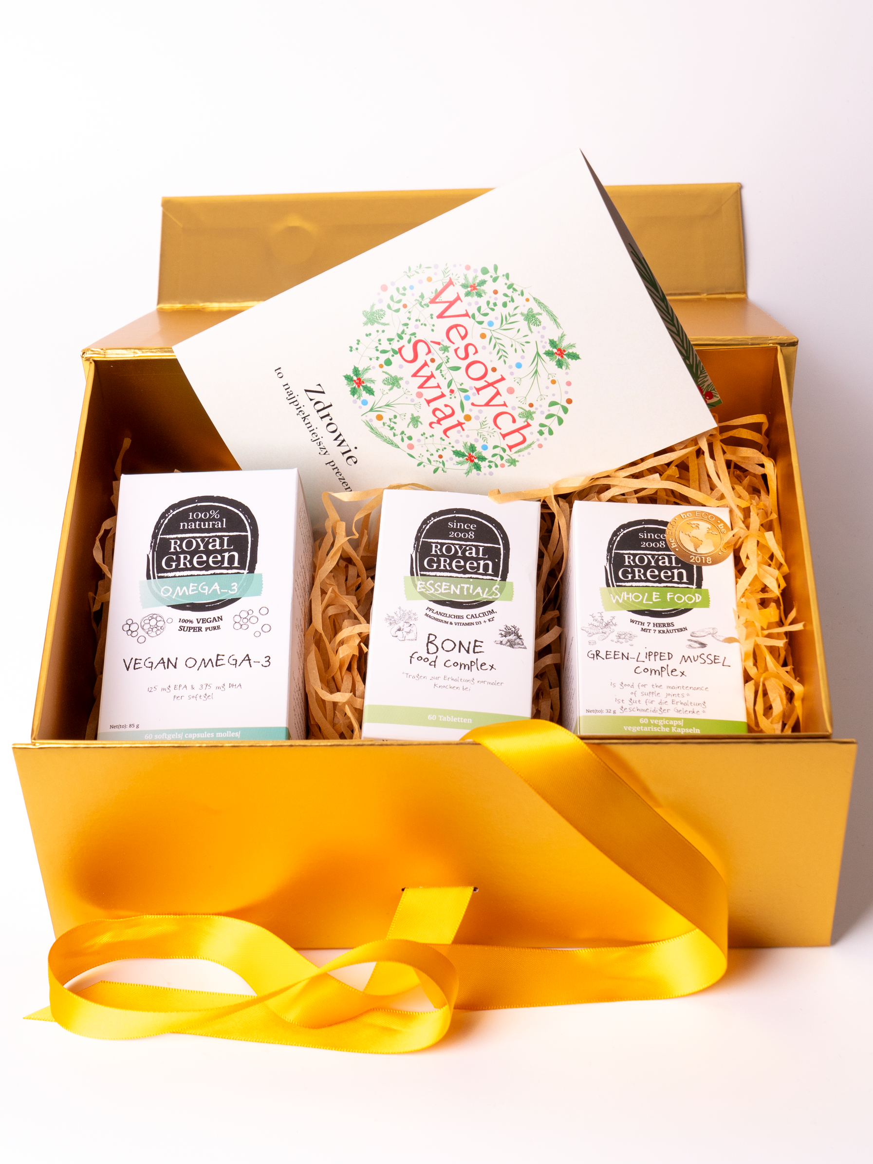Świąteczny zestaw suplementów Royal Green dla dziadków, babci, dziadka, rodziców na wparcie kości i stawów. Naturalny kompleks na stawy z kadzidłowcem, kompleks na kości i olej z alg Vegan Omega-3