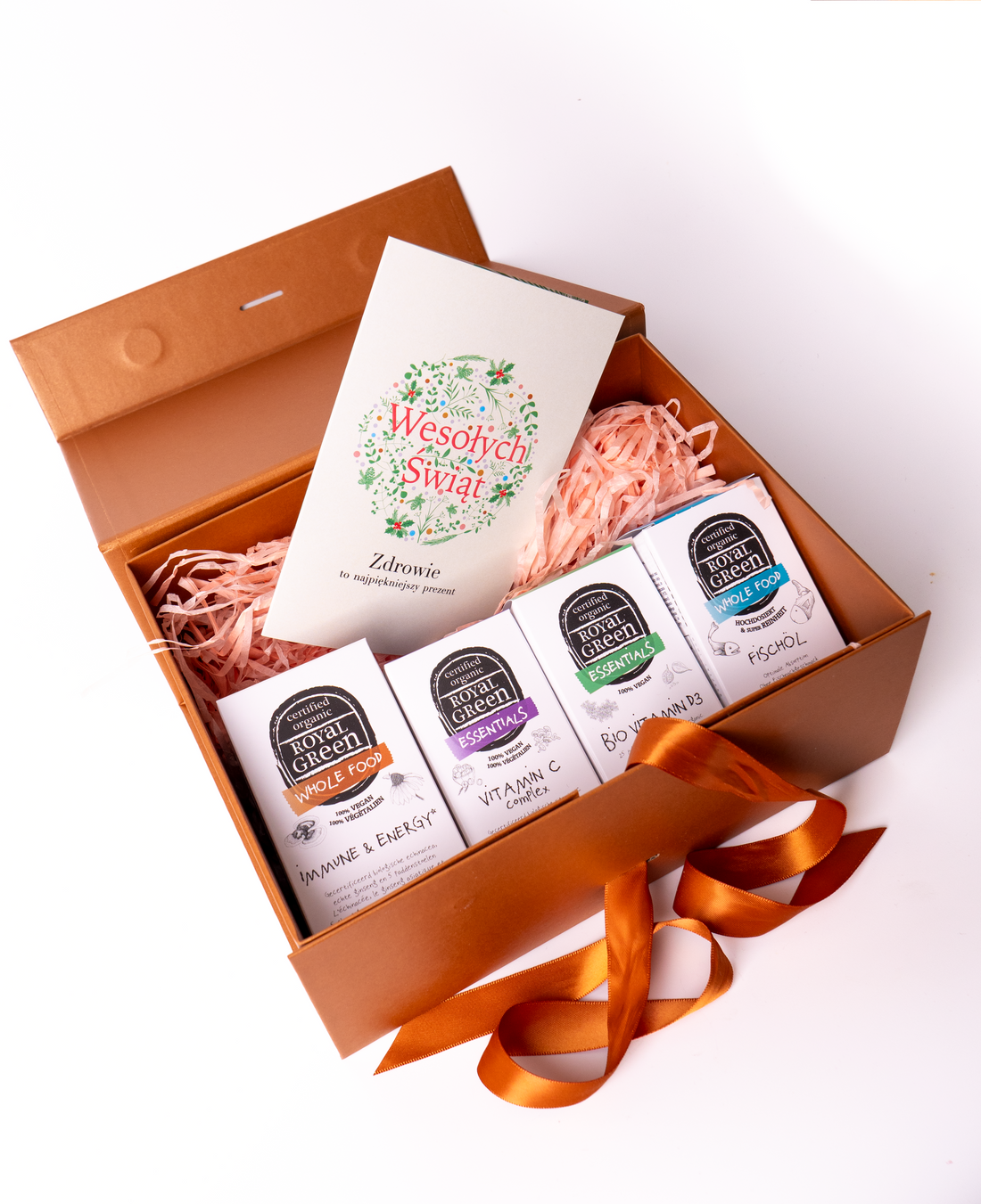 Świąteczny zestaw naturalnych ekologicznych suplementów Royal Green wspierający holistycznie odporność i energię: ekologiczny kompleks Odporność i Energia, ekologiczna Witamina C kompleks Bio, Ekologiczna Witamina D3 Bio, czysty Olej Rybny Omega-3