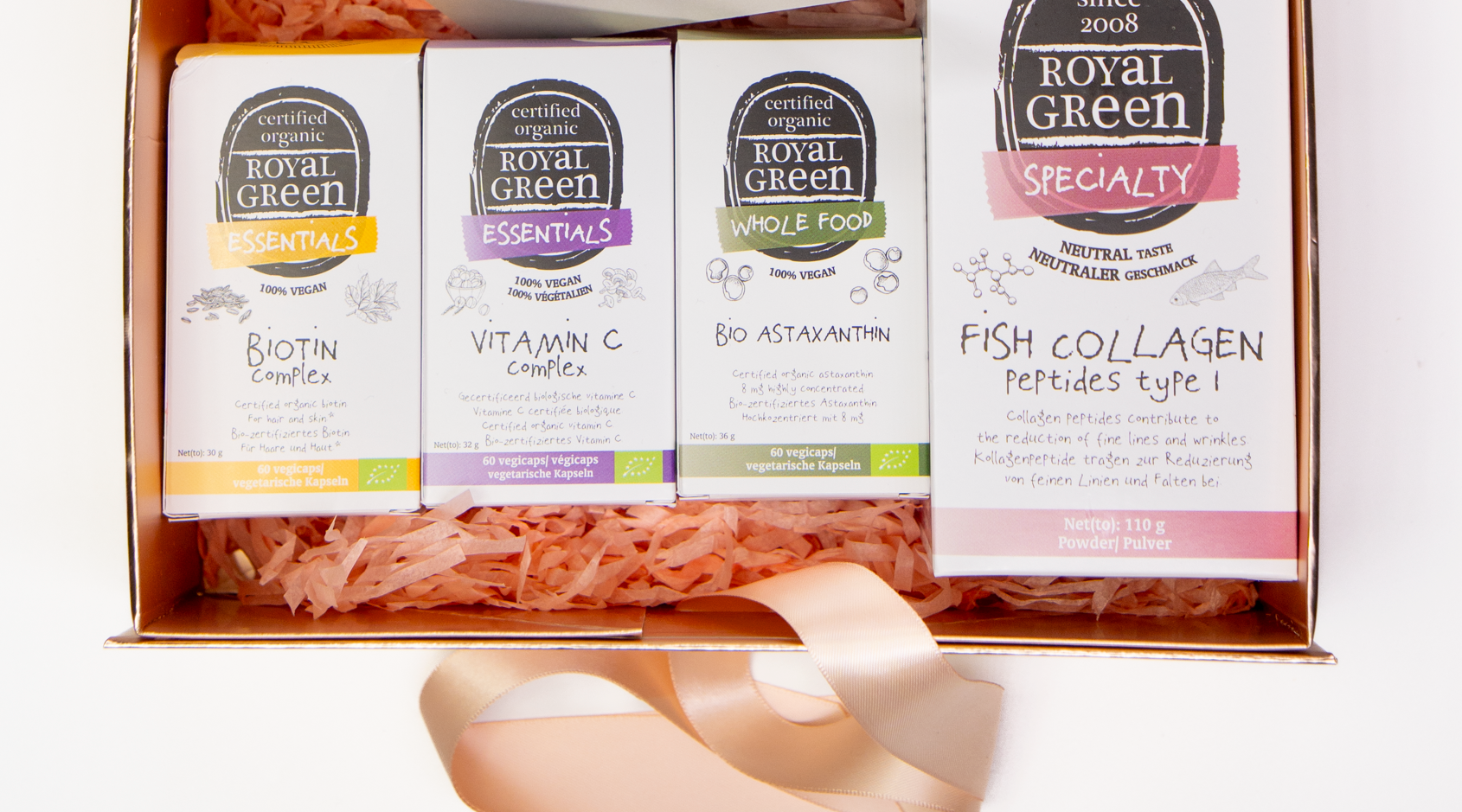 Zestaw suplementów na prezent dla kobiety "Piękno od Wewnątrz" wspierający naturalnie urodę: skórę, włosy i paznokcie. Astaksantyna Bio, kolagen, naturalna Witamina C BIO, naturalna Biotyna Bio